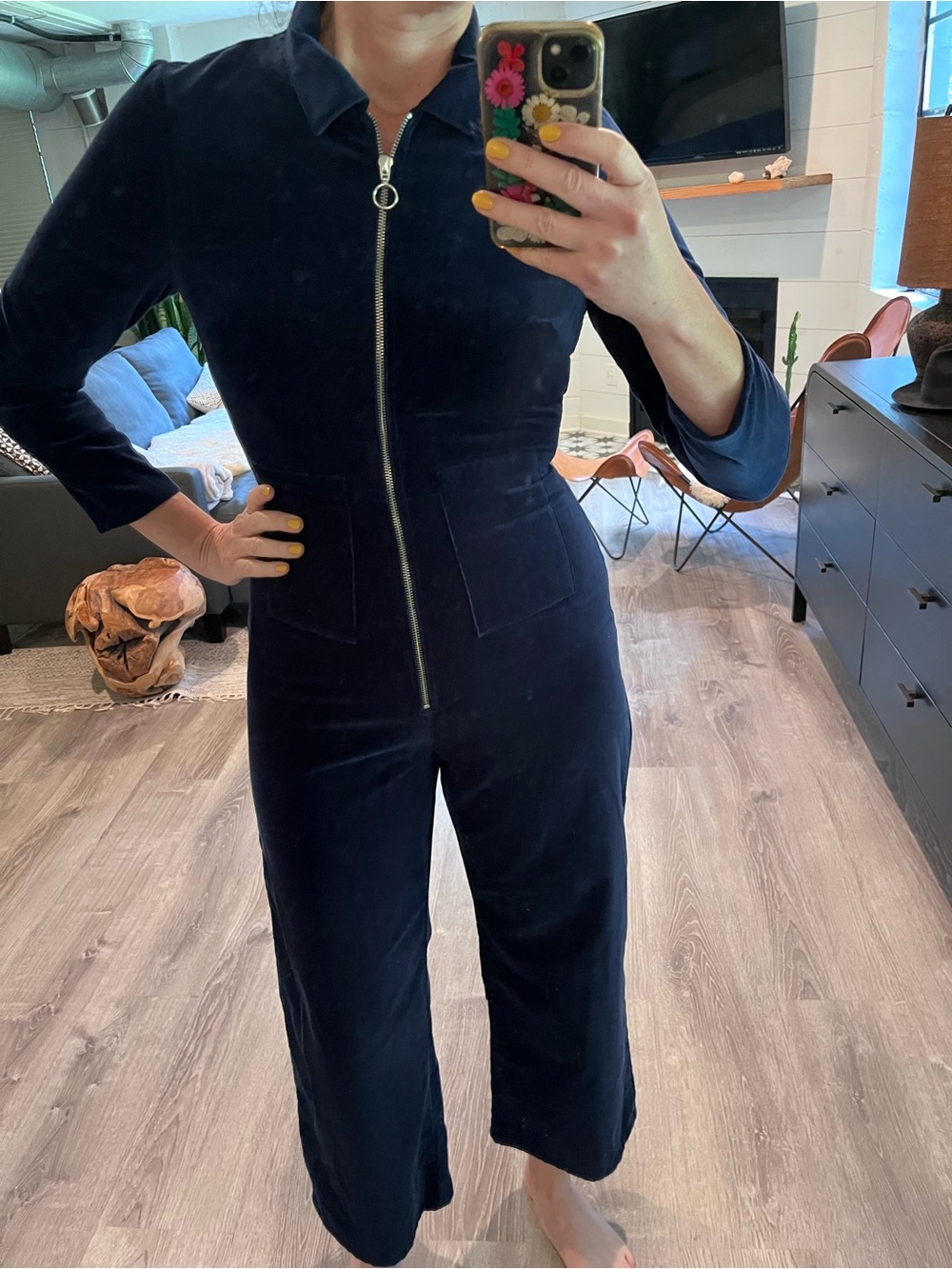 Paloma Wool Navy Velvet Zip-Front Jumpsuit